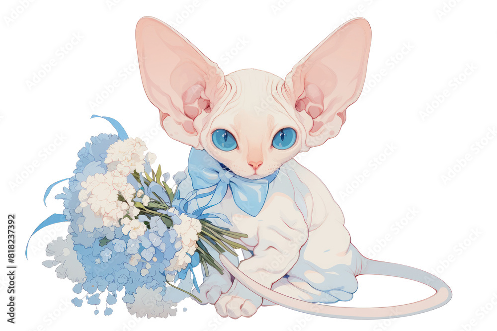 Peterbald, cute cartoon character with bouquet, single object, Di-Cut png style, isolated on white background Peterbald, cute cartoon character with bouquet, single object, Di-Cut png style, isolated on white background