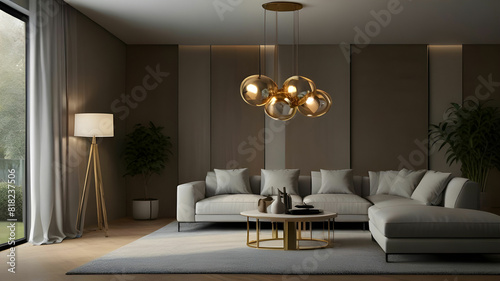 Design a modern living room with a statement lighting