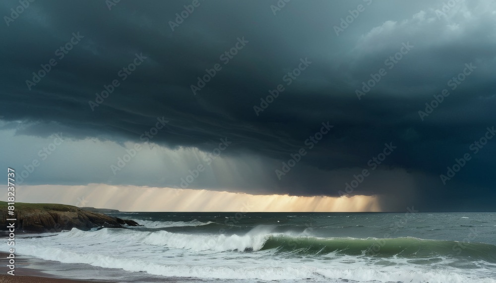 Dramatic storm clouds over a turbulent sea near cliffs, with sun rays piercing through.