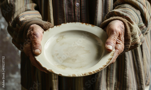 An elderly person sits in front of an empty plate, which is a painful image of poverty among seniors. Her sad look and emaciated hands speak of deep nutritional deficiencies.