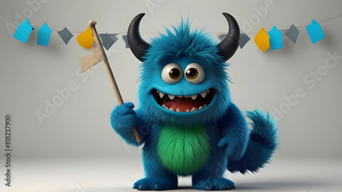 Cute blue furry monster 3D cartoon character cute furr