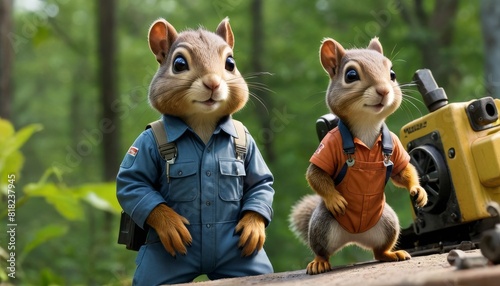 Two chipmunk mechanics in work attire examine equipment in a lush forest setting  looking skilled and cooperative.