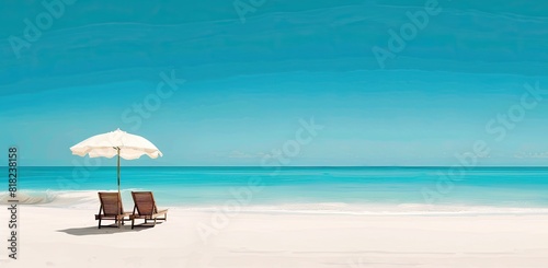 Minimalist Tranquility  Two Chairs and an Umbrella on Pristine White Sand Beach