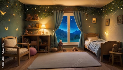 A child s bedroom is transformed into a nighttime sanctuary with twinkling stars and glowing butterflies  creating a dreamlike atmosphere.