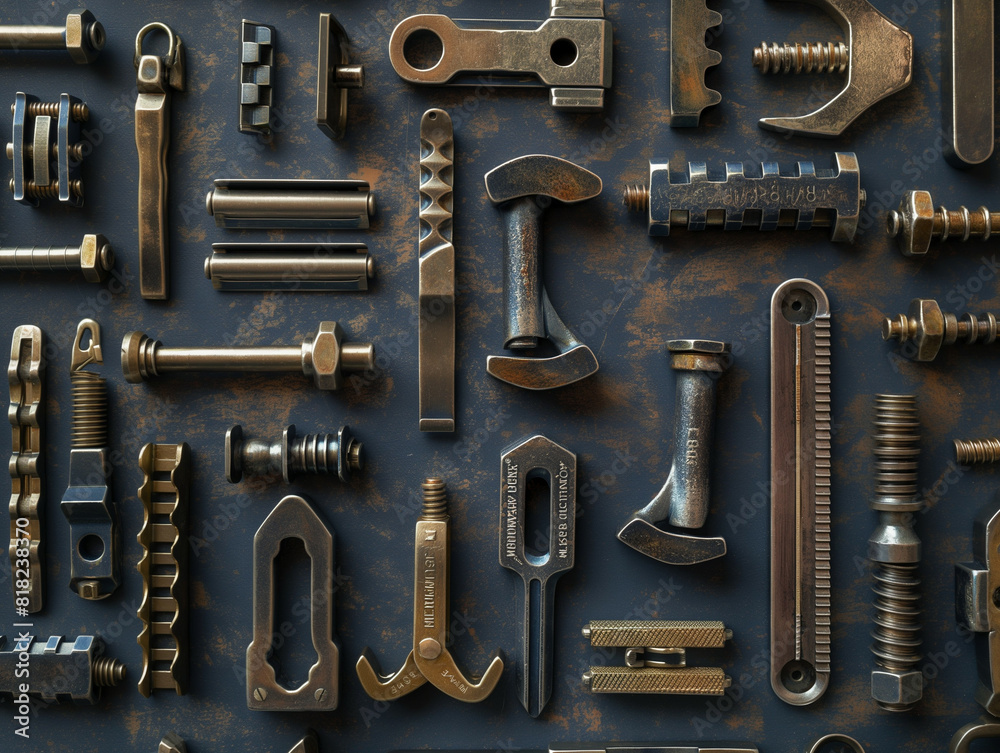 Fototapeta premium A close-up photo of various metallic clamps arranged in a zigzag pattern on a textured dark background
