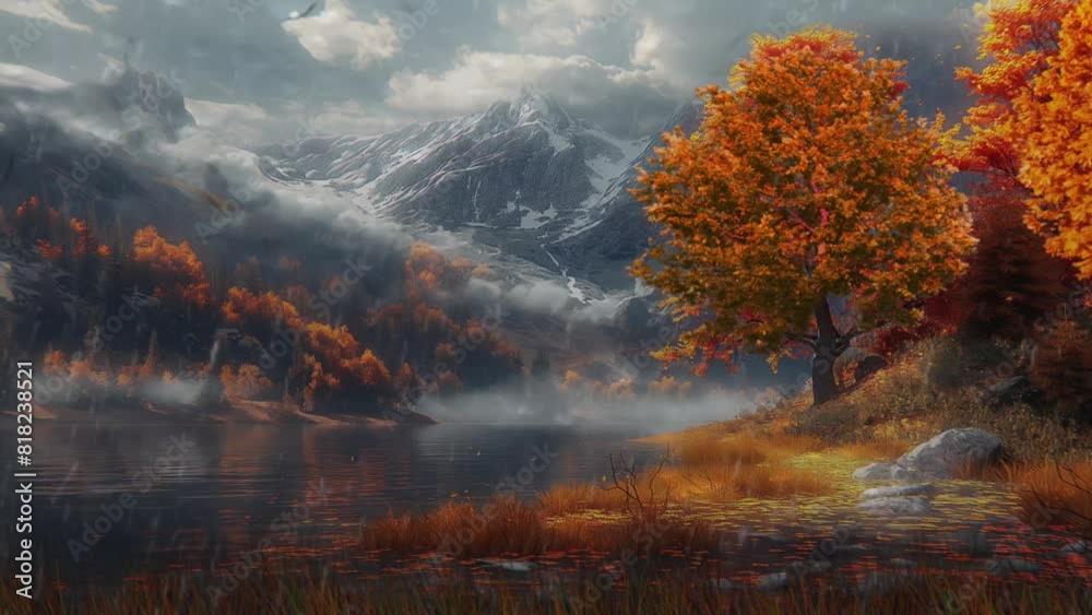 Autumn forest path, Autumn cloudy raining nature landscape, Orange color tree, nature view with river and autumn grass 