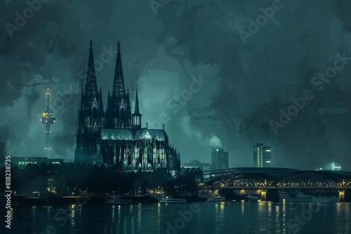 majestic cologne cathedral illuminated at night dark moody sky atmospheric cityscape digital painting