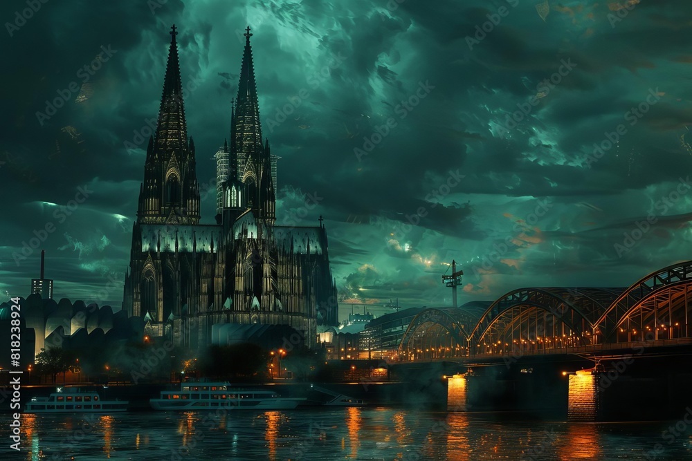 majestic cologne cathedral illuminated at night dark moody sky atmospheric cityscape digital painting