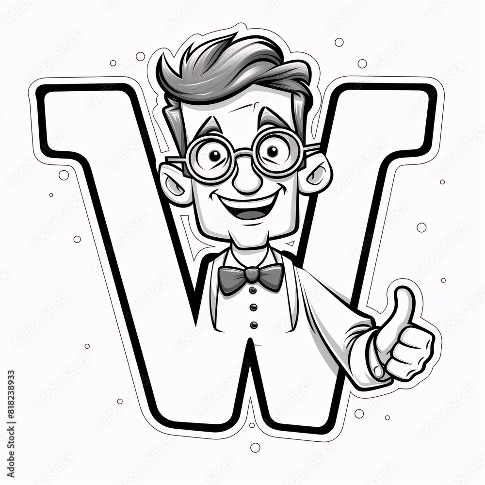 Vector illustration of a young man with glasses and a bow tie in the form of the letter W. Vector illustration of a young man with glasses and a bow tie in the form of the letter W.