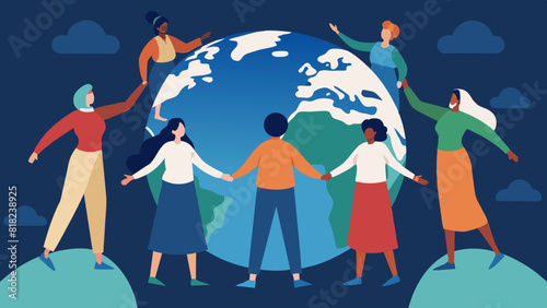 Global Unity: Diverse People Holding Hands Around Earth Illustration. Vector illustration for World Population Day