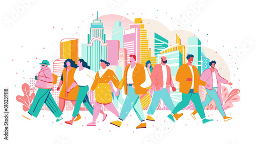 Colorful Urban Life: Diverse People Walking in a Vibrant Cityscape. Vector illustration for World Population Day