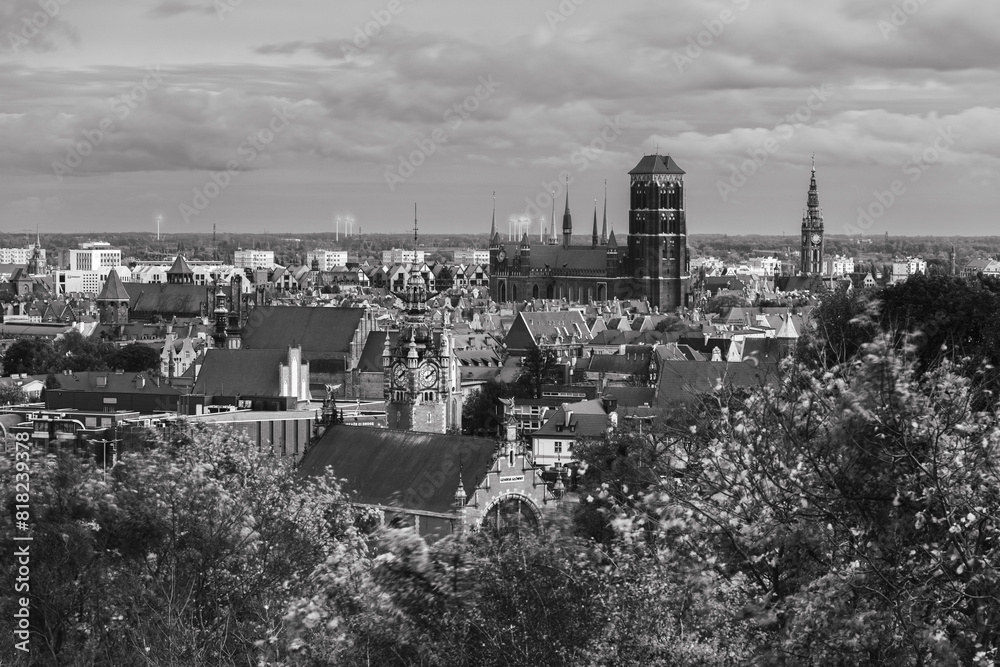 View of the old town in Gdańsk, black and white, Baltic Coast