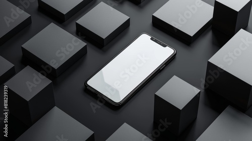 Smartphone with blank white screen on black cubes background.