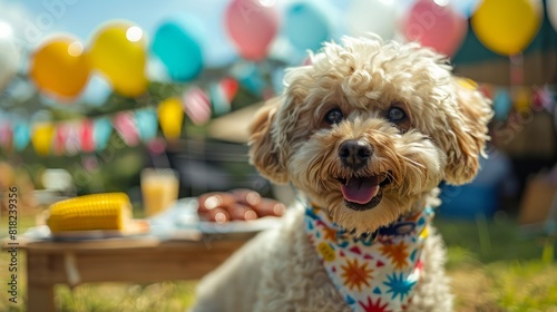 A dog is sitting in a grassy area with a colorful banner behind it © Sasikharn