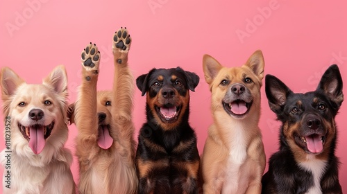 Group of Happy Dogs with Pink Background. Perfect for Greeting Cards  Pet Store Advertising  and Animal Welfare Campaigns. Design for Greeting Card  Poster  Pet Store Advertisement with copy space