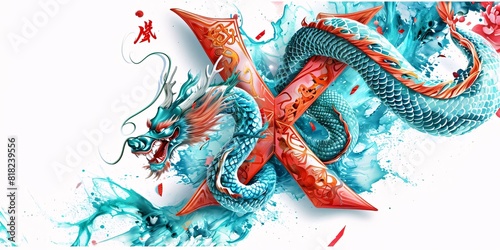 Chinese dragon in watercolor style. Vector illustration for your design. letter X