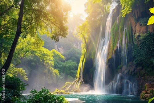 majestic waterfall cascading through lush forest panoramic landscape photography