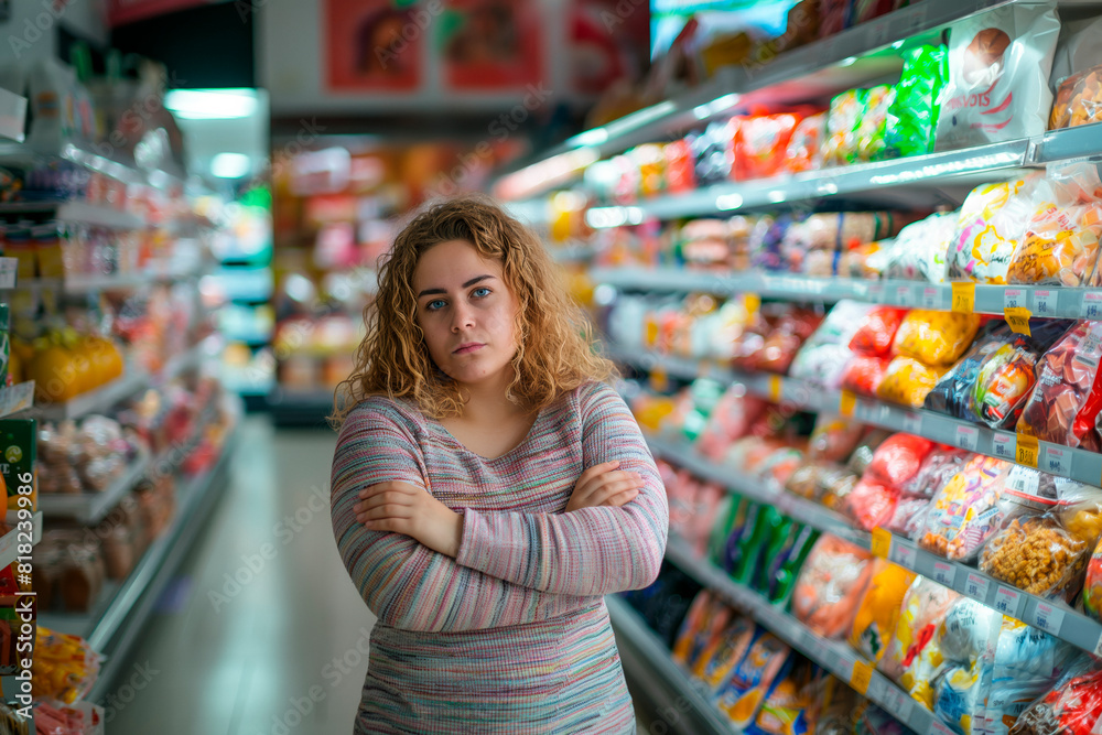 a very pretty very fat woman with an embarrassed look on her face in a supermarket in front of a shelf with sweets a very pretty very fat woman with an embarrassed look on her face in a supermarket in front of a shelf with sweets