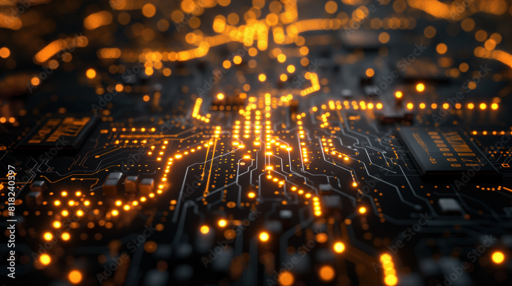 Close-up of a circuit board with glowing yellow LEDs, highlighting intricate pathways and components in a dark setting Close-up of a circuit board with glowing yellow LEDs, highlighting intricate pathways and components in a dark setting