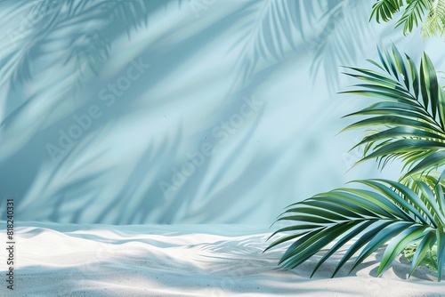 Elegant Tropical Display  Soft Blue Background with Palm Leaves and Sand 