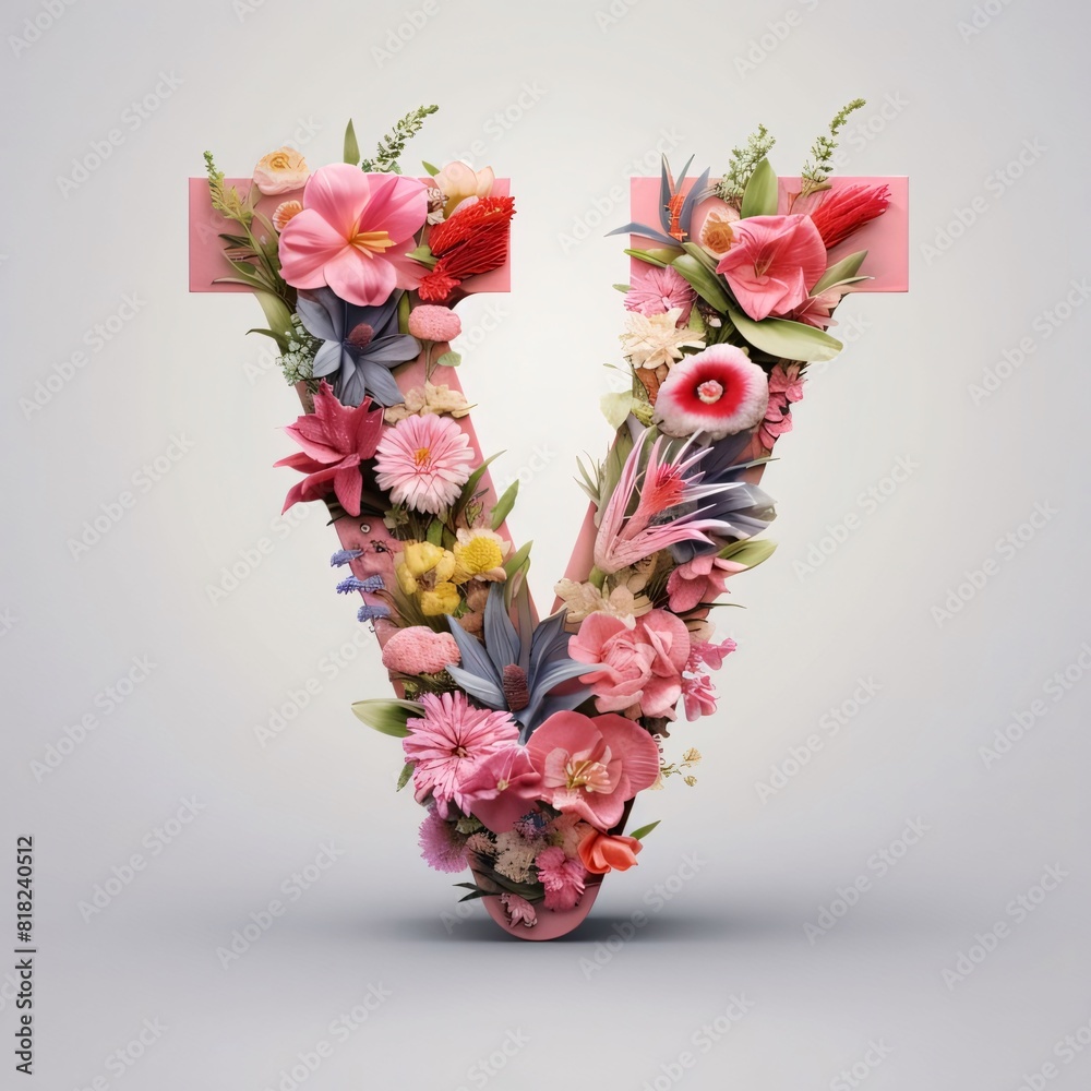 Letter V made of flowers and leaves. 3d render. Alphabet