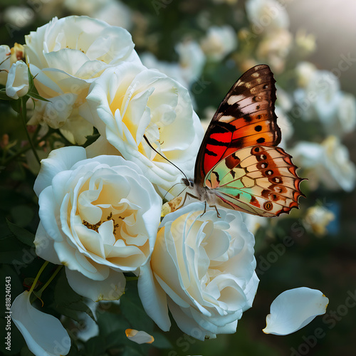 red butterfly is sucking nector from roses photo