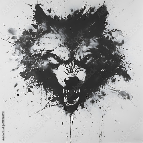 An ink stain on paper blurs into shape of face of a predatory angry black wolf  creative unusual illustration 