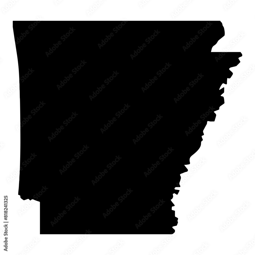 A black outline of the state of Arkansas