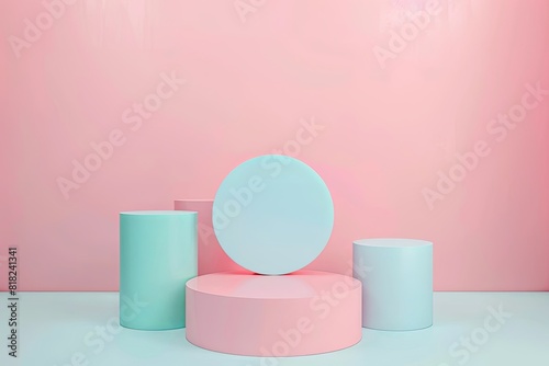 Geometric Shapes Podium Display in Minimalist Pastel Color Scheme for Product Showcase and Cosmetic Advertising