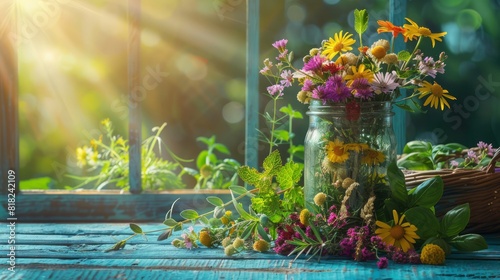 A vase of flowers sits on a wooden table by a window