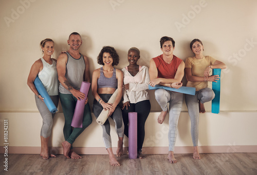 Wall, group and friends for relax in yoga class, activewear and smile for fitness in wellness centre. Workout, portrait and training in studio for flexibility, pilates and health and holistic hobby photo