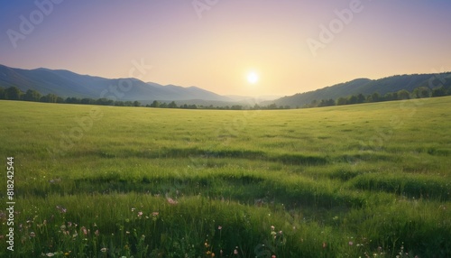 A serene meadow under a clear sky at sunrise  with vibrant green grass and distant mountains.