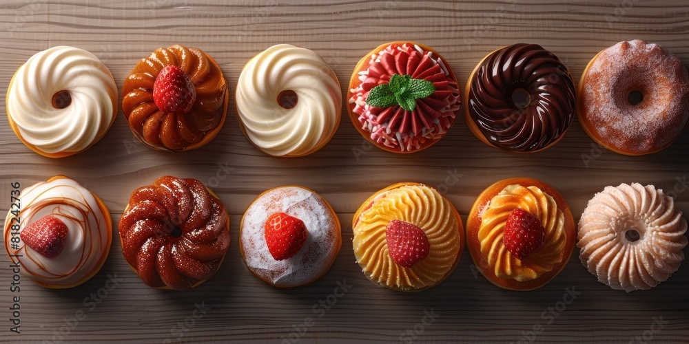 The tempting donut arrangement showcases a wide variety of flavors, glazes and decorative toppings, perfect for any dessert. The tempting donut arrangement showcases a wide variety of flavors, glazes and decorative toppings, perfect for any dessert.
