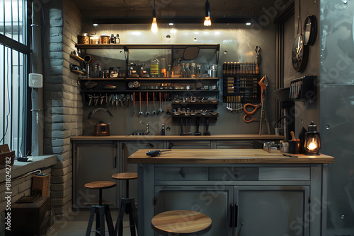 Well-organized workshop with tools on display, featuring a contemporary industrial design