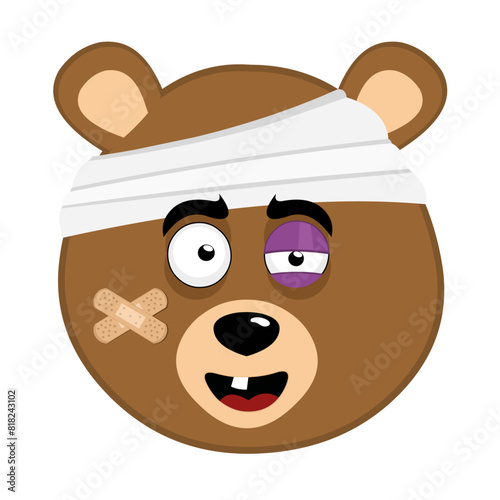 vector illustration face character brown bear grizzly injured cartoon, with bandages on his head, a black eye and a single tooth