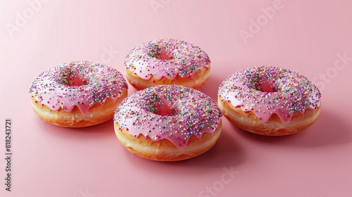 three delectable glazed donuts with colorful sprinkles on minimal pink background 3d render © Bijac