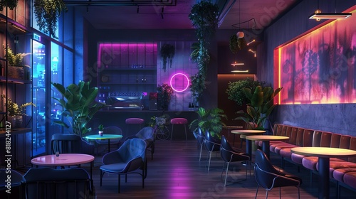 trendy dark cafe interior with neon lights modern furniture and plants futuristic atmosphere ai generated image