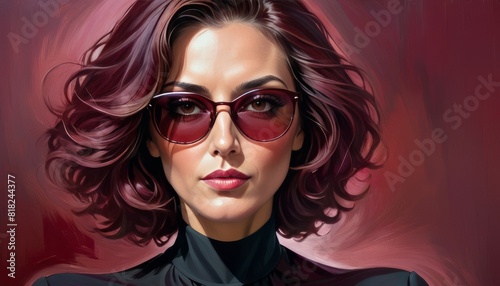 A sophisticated woman dons stylish sunglasses and a chic black outfit against a rich red backdrop  radiating confidence.
