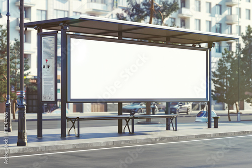 mockup of blank white horizontal billboard on the side of an outdoor bus stop, daylight city background, photorealistic commercial photo