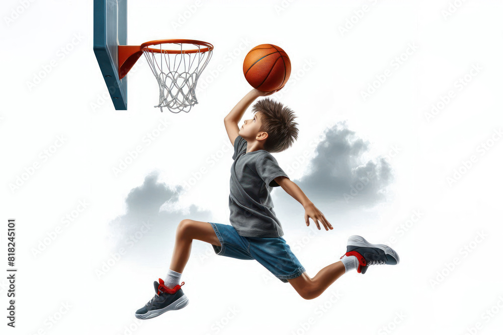 Boy jumping with a basketball towards the basket Isolated on white background