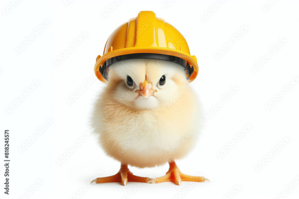 little chicken wear yellow helmet at construction site Isolated on white background little chicken wear yellow helmet at construction site Isolated on white background