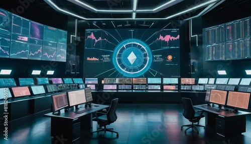 A high-tech control room filled with screens and digital interfaces  suggesting a setting for sophisticated cybersecurity operations.