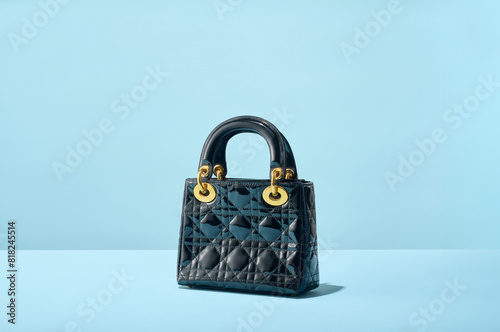 Luxury Designer Black Quilted Handbag Purse with Gold Hardware on Blue two toned background