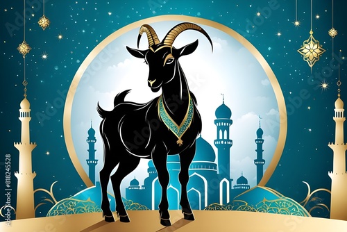 Eid al adha islamic festival wishes with goat background design  © Abde