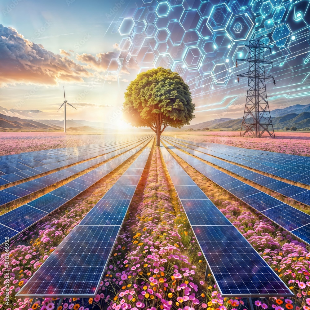 A field of solar panels with a tree in the middle, wind turbines in the background, and hexagons in the top left. An electric tower with digital components stands under a sunset, with flowers.