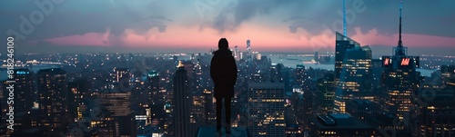 Woman standing against city skyline