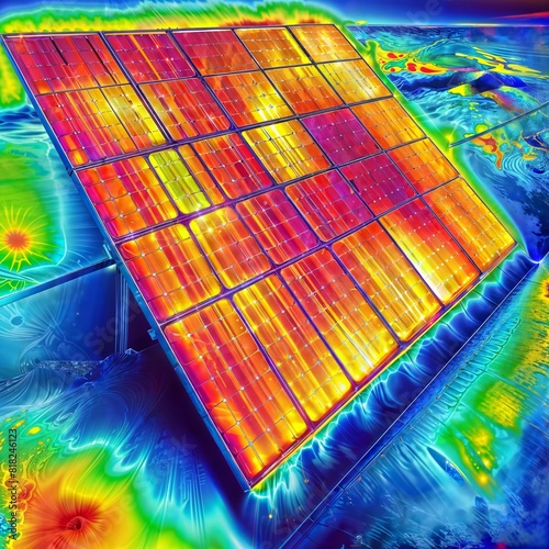 A thermogram of a solar panel, showing different colors representing different temperatures. photo