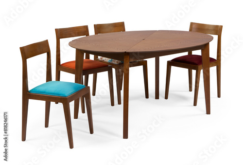 wooden dining table set isolated on white background . table and chair .