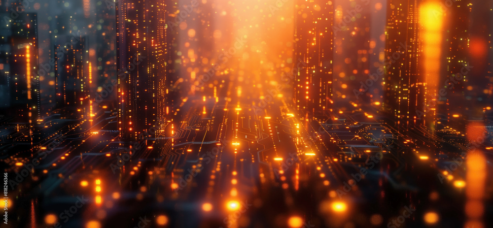 Macro view of a circuit board with glowing yellow LEDs, depicting a futuristic cityscape of electronic pathways and components