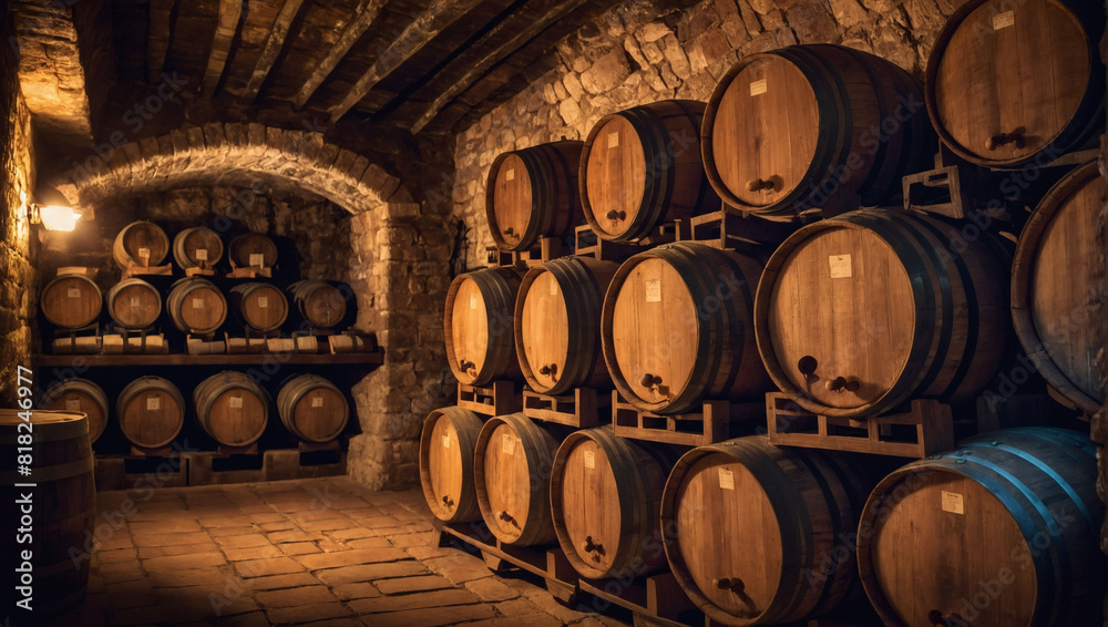 Old Wine Cellar, Rows of Weathered Wine Barrels Old Wine Cellar, Rows of Weathered Wine Barrels